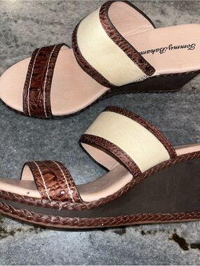 Tommy Bahama Cream and Brown Wedge Sandals